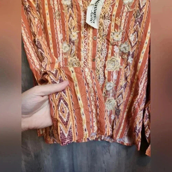 Savanna Jane NWT Boho The Wren Kat Split Neck Rust Stripe Embroidered SMALL - Picture 6 of 8
